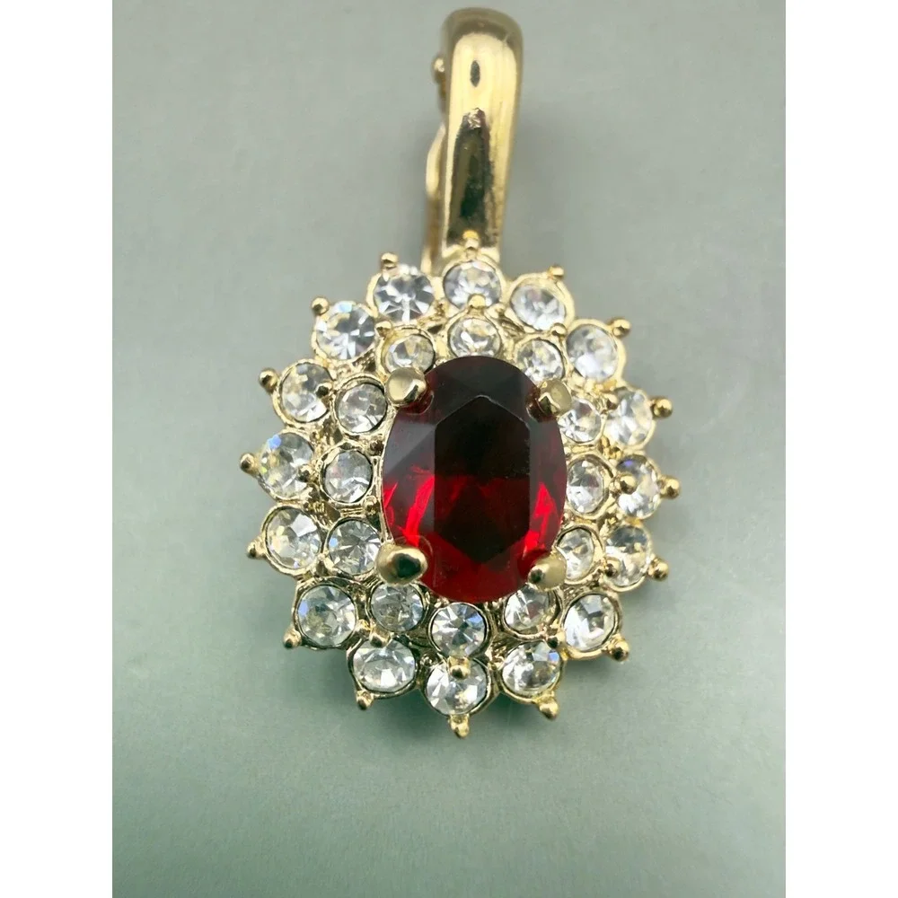 Gold Tone Red Oval Stone Enhancer Pendant Clear Rhinestone Halo Sunburst 1 Inch